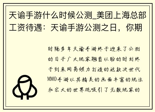 天谕手游什么时候公测_美团上海总部工资待遇：天谕手游公测之日，你期待的那一刻到来